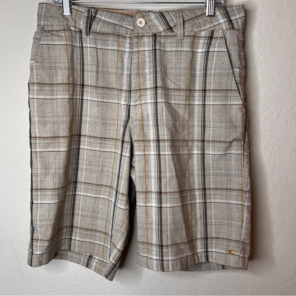 O’Neill Brown Tone Plaid Hybrid Shorts 32 Casual Chino Flat Front EUC Preppy